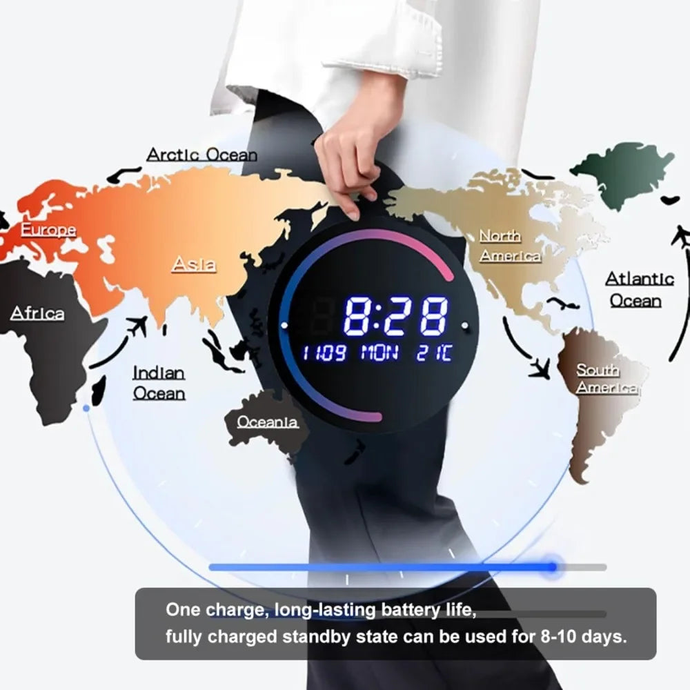 Modern LED Digital World Map Wall Clock