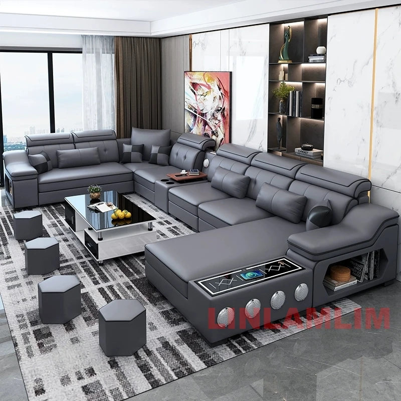 MANBAS Smart Sectional Sofa with Chaise, Bluetooth & USB – Modern Comfort
