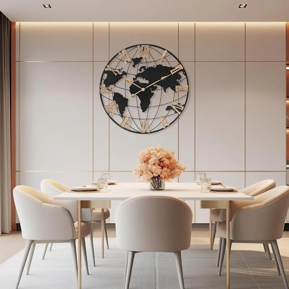 Large World Map Wall Clock – Silent Movement, Roman Numerals, Vintage Gold Design