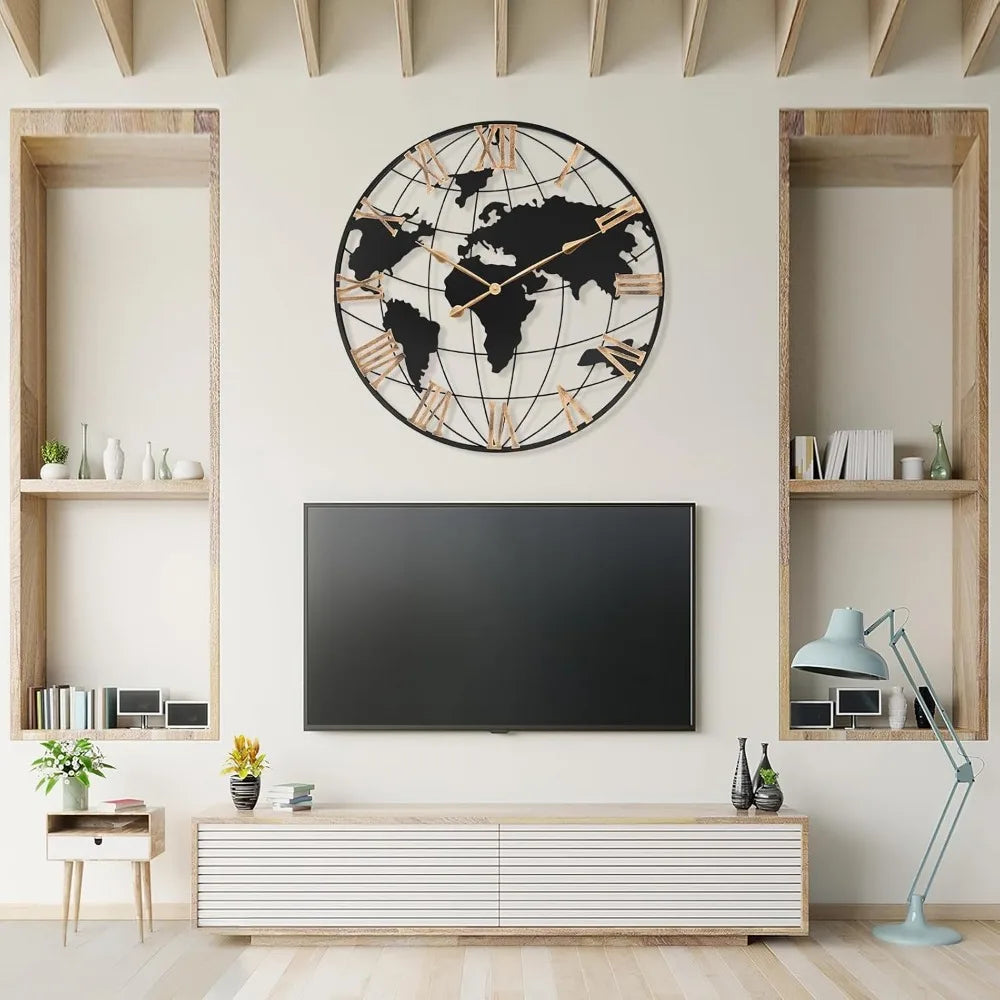 Large World Map Wall Clock – Silent Movement, Roman Numerals, Vintage Gold Design