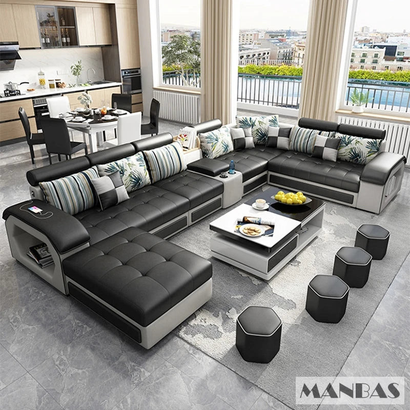 U-Shaped Fabric Sofa Set with USB & Stools – Modern Living Room Comfort