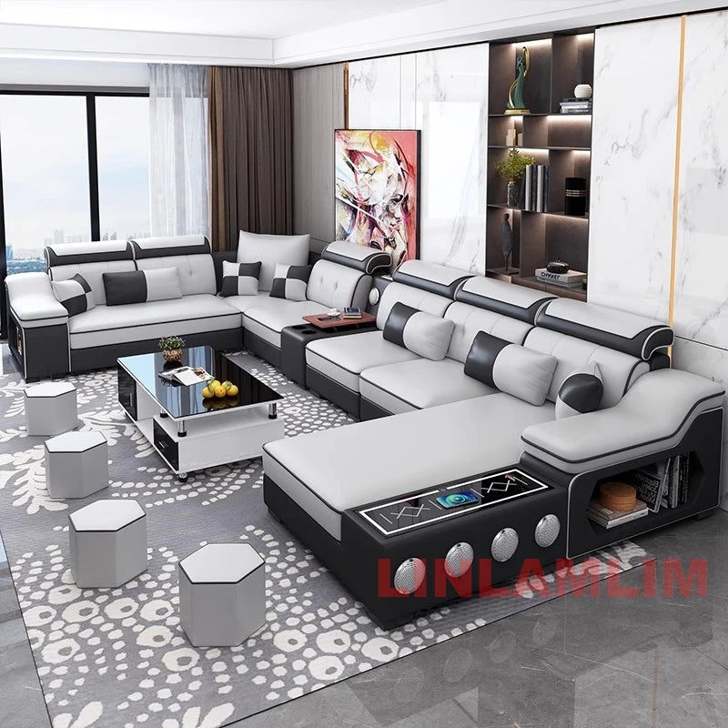MANBAS Smart Sectional Sofa with Chaise, Bluetooth & USB – Modern Comfort