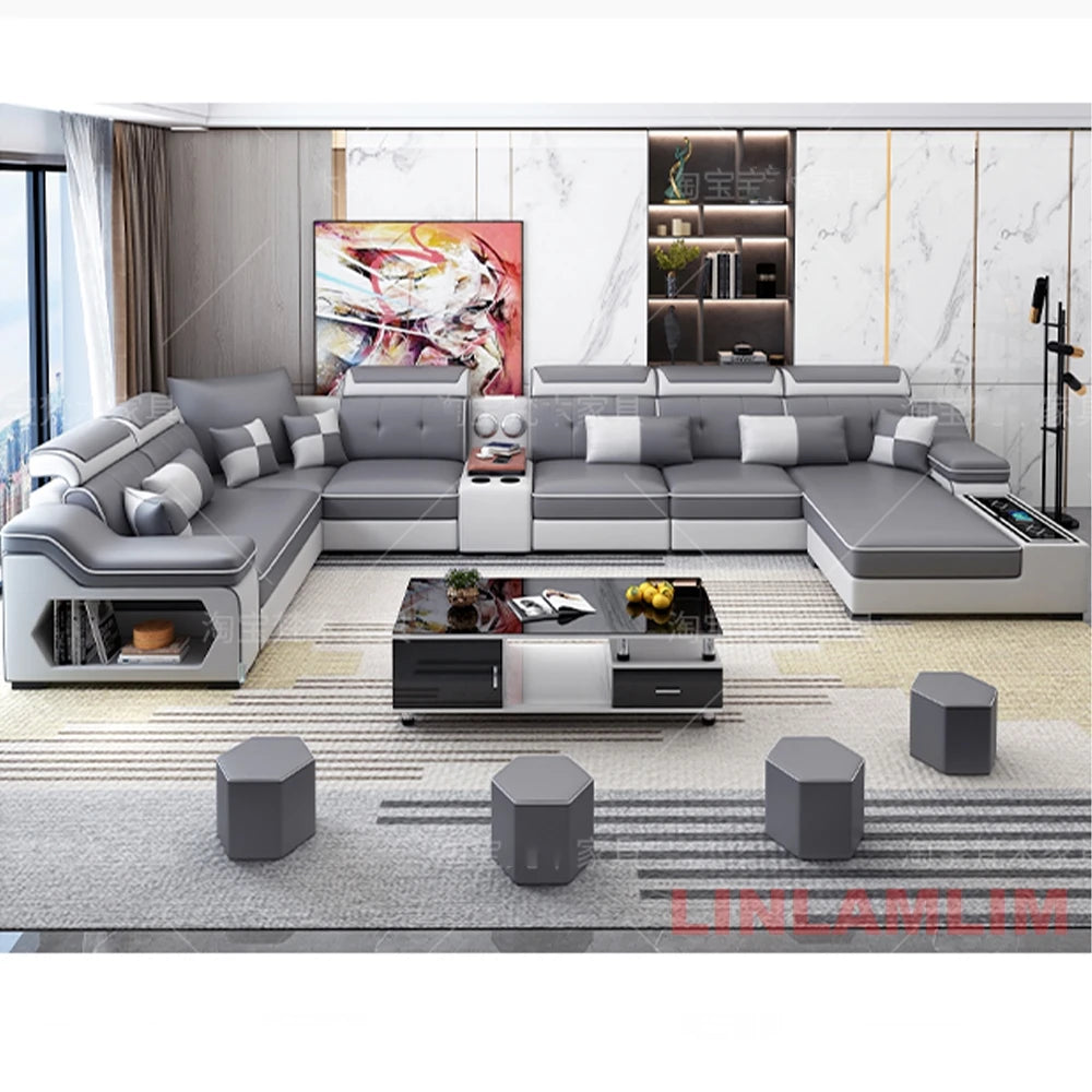 MANBAS Smart Sectional Sofa with Chaise, Bluetooth & USB – Modern Comfort