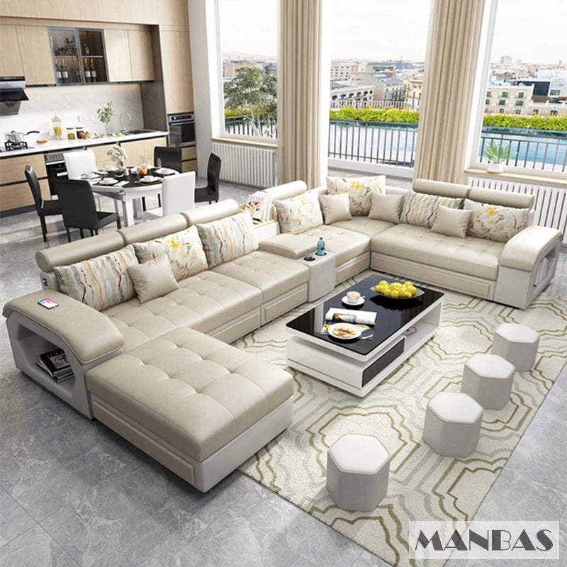 U-Shaped Fabric Sofa Set with USB & Stools – Modern Living Room Comfort