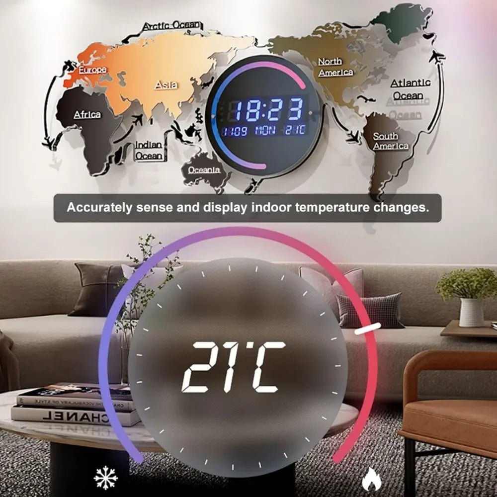 Modern LED Digital World Map Wall Clock