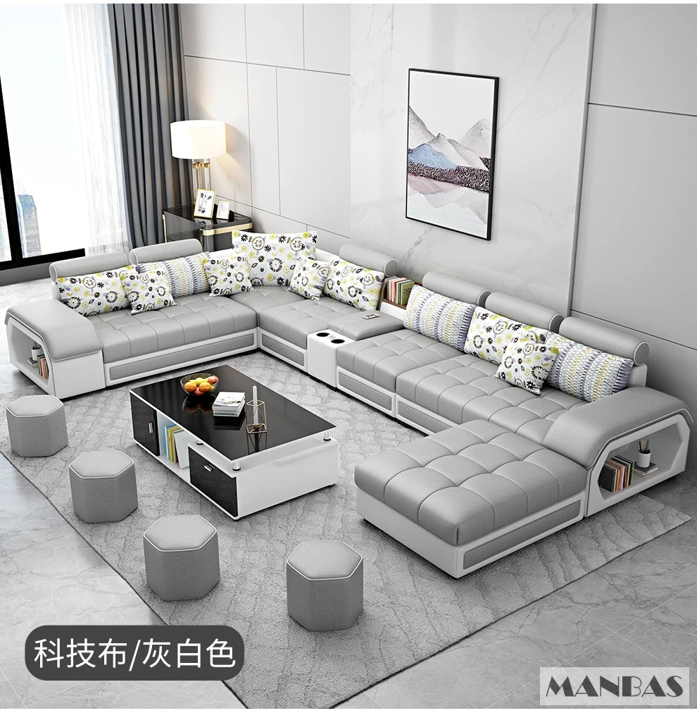 U-Shaped Fabric Sofa Set with USB & Stools – Modern Living Room Comfort