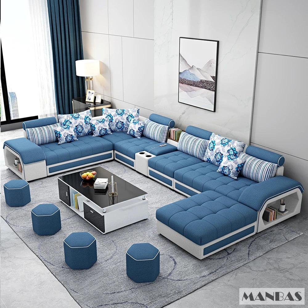 U-Shaped Fabric Sofa Set with USB & Stools – Modern Living Room Comfort