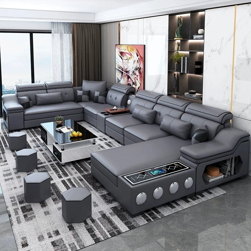 MANBAS Smart Sectional Sofa with Chaise, Bluetooth & USB – Modern Comfort