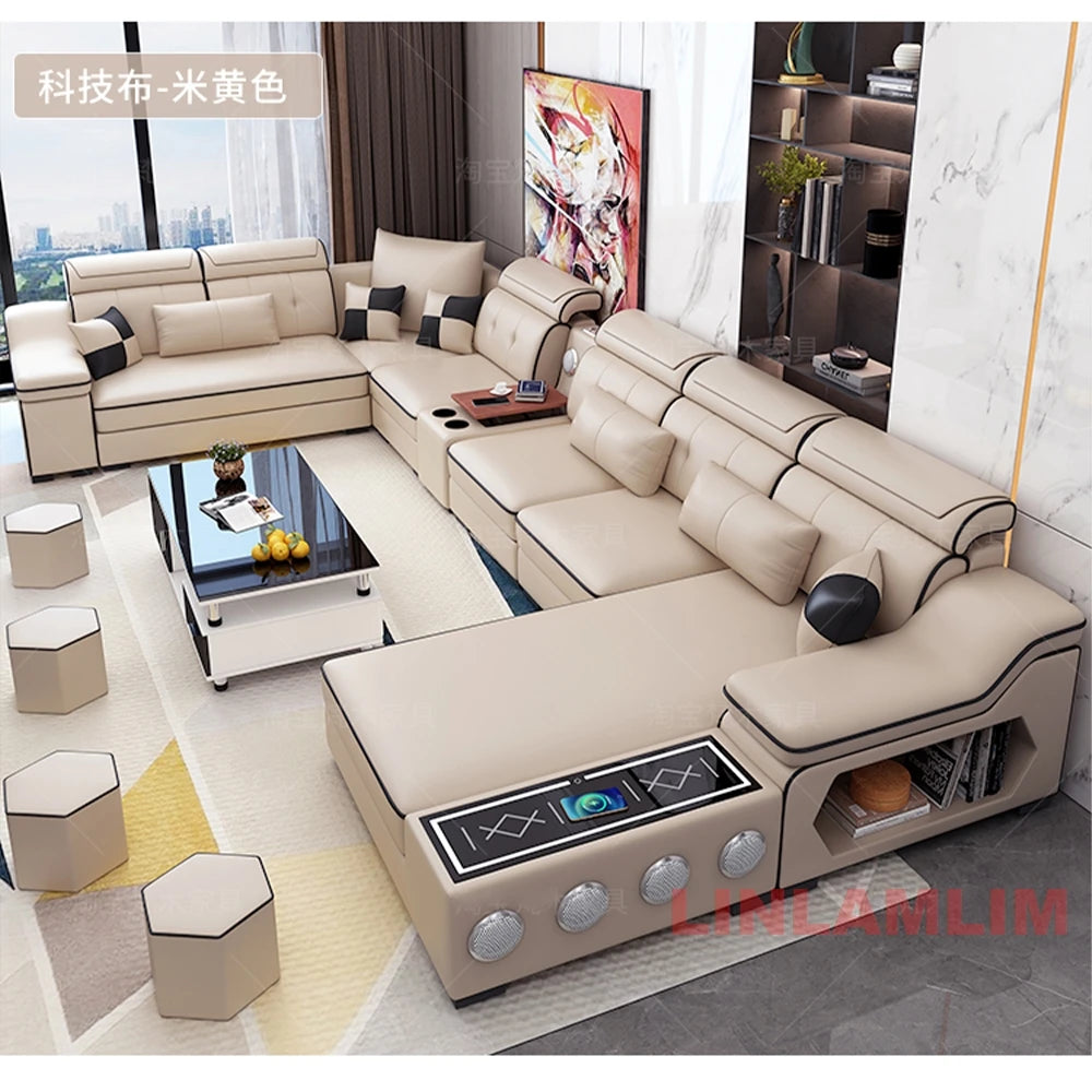 MANBAS Smart Sectional Sofa with Chaise, Bluetooth & USB – Modern Comfort