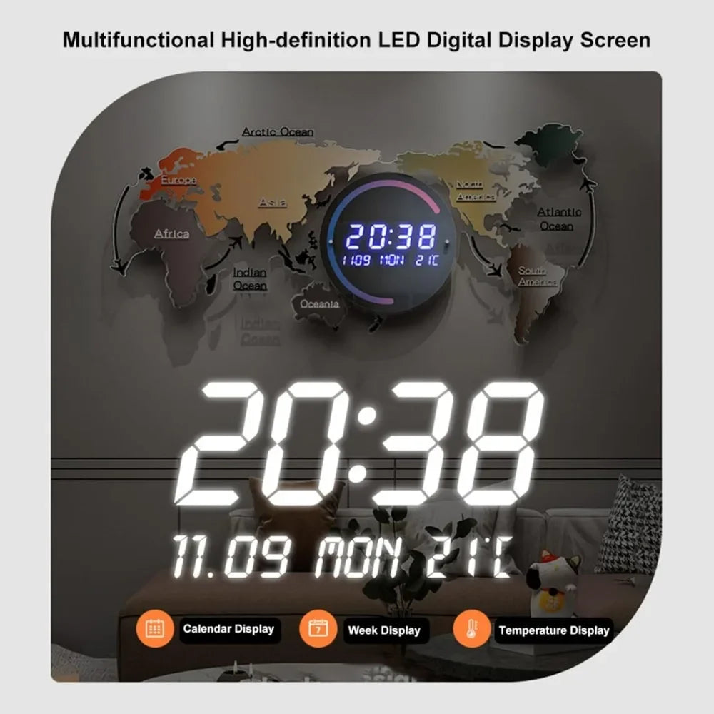 Modern LED Digital World Map Wall Clock