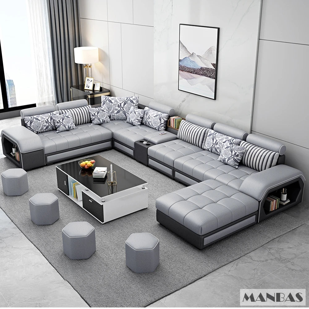 U-Shaped Fabric Sofa Set with USB & Stools – Modern Living Room Comfort