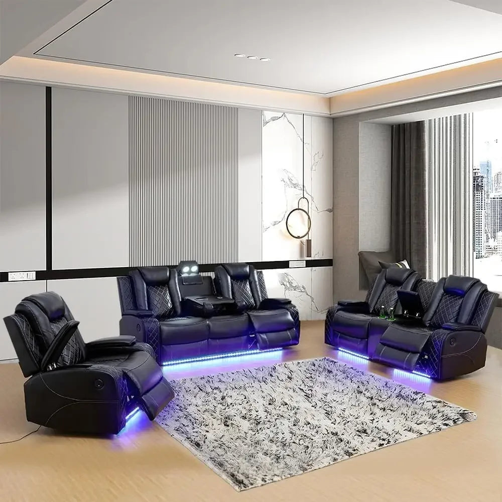 Power Recliner Sofa Set with LED & Air Leather – Luxury Living Room Set