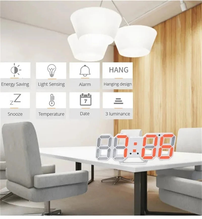3D LED Digital Wall Clock – Date, Time & Temperature Display
