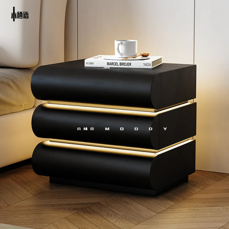 360° Rotating Smart Bedside Cabinet – LED & Leather Finish