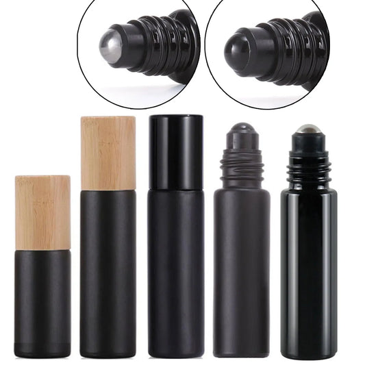 Refillable Black Glass Roll-On Bottles – 5ML / 10ML with Obsidian Roller & Bamboo Cap