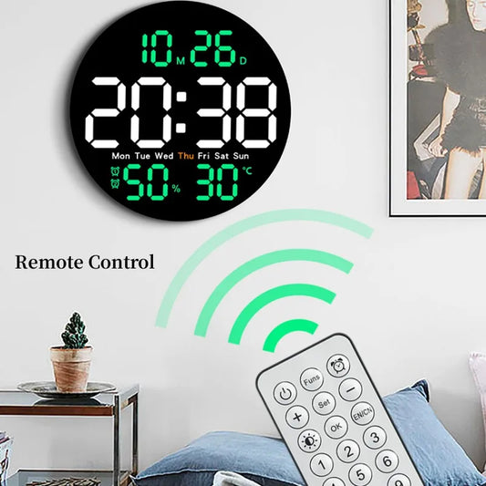 10-Inch LED Digital Wall Clock with Remote – Time, Temperature, Humidity & Alarms