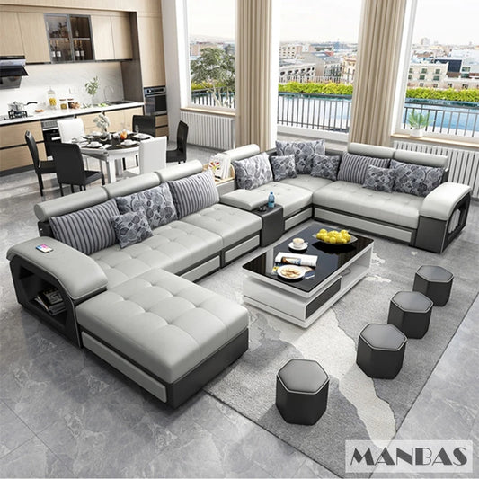U-Shaped Fabric Sofa Set with USB & Stools – Modern Living Room Comfort