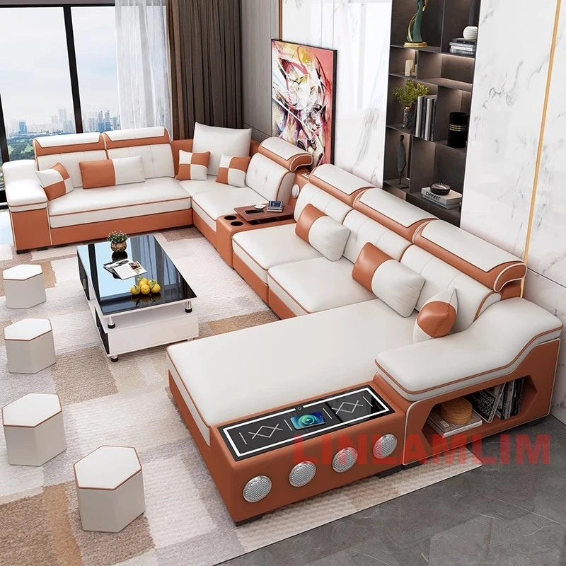 MANBAS Smart Sectional Sofa with Chaise, Bluetooth & USB – Modern Comfort