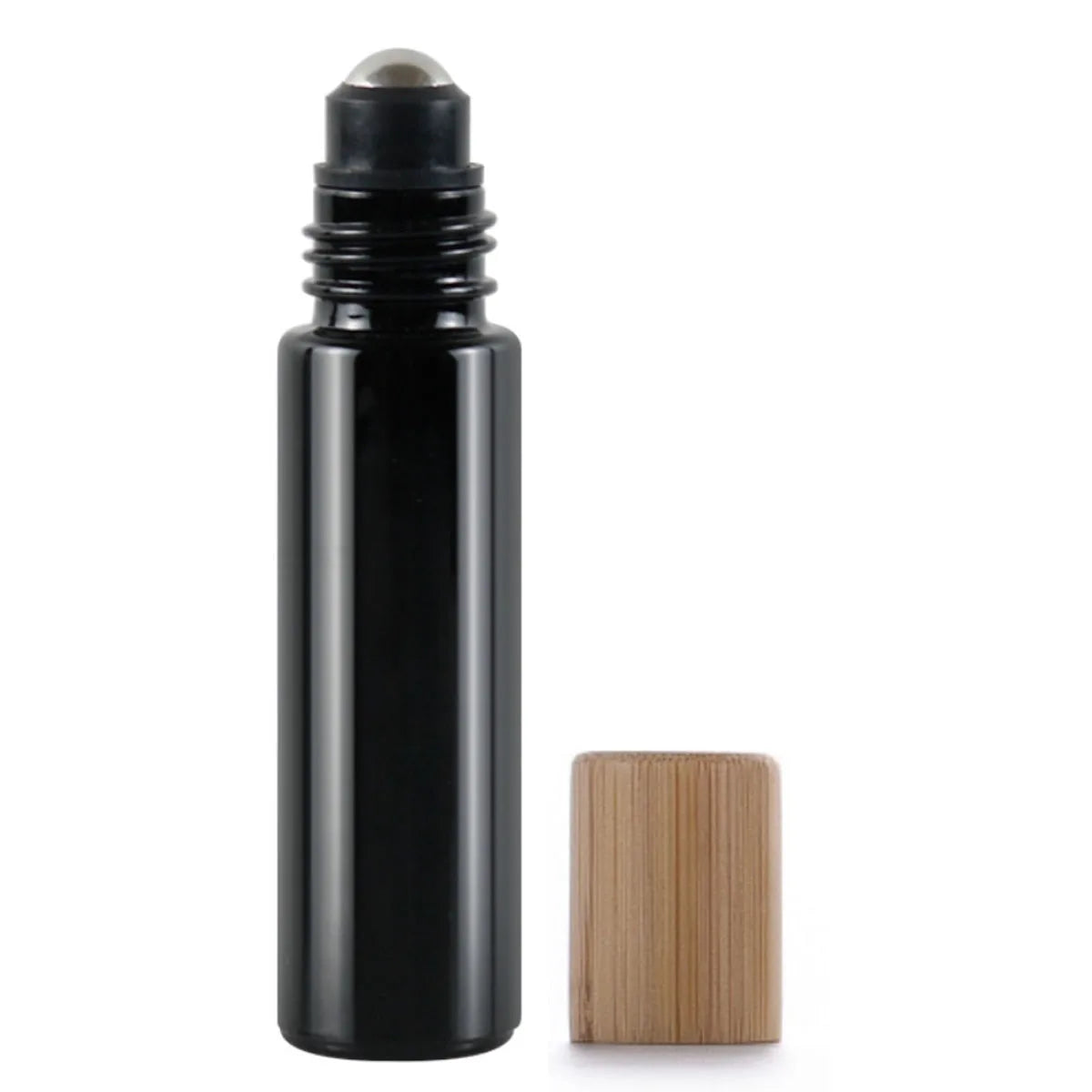 Refillable Black Glass Roll-On Bottles – 5ML / 10ML with Obsidian Roller & Bamboo Cap