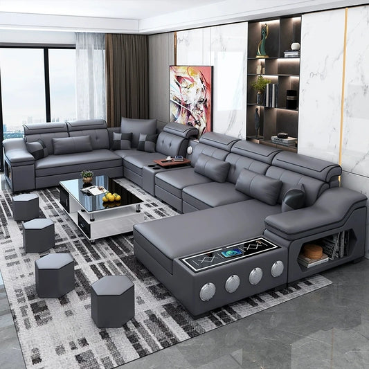 MANBAS Smart Sectional Sofa with Chaise, Bluetooth & USB – Modern Comfort