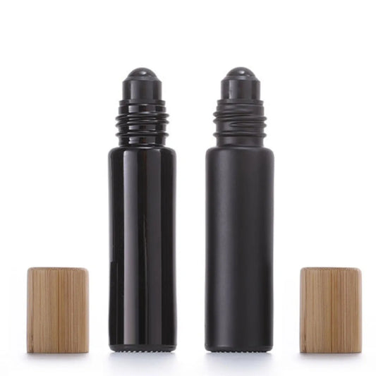 Refillable Black Glass Roll-On Bottles – 5ML / 10ML with Obsidian Roller & Bamboo Cap