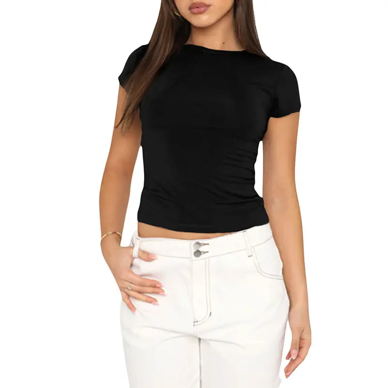 2025 Women's Slim Fit Casual T-Shirt | Solid Color Short Sleeve Tee