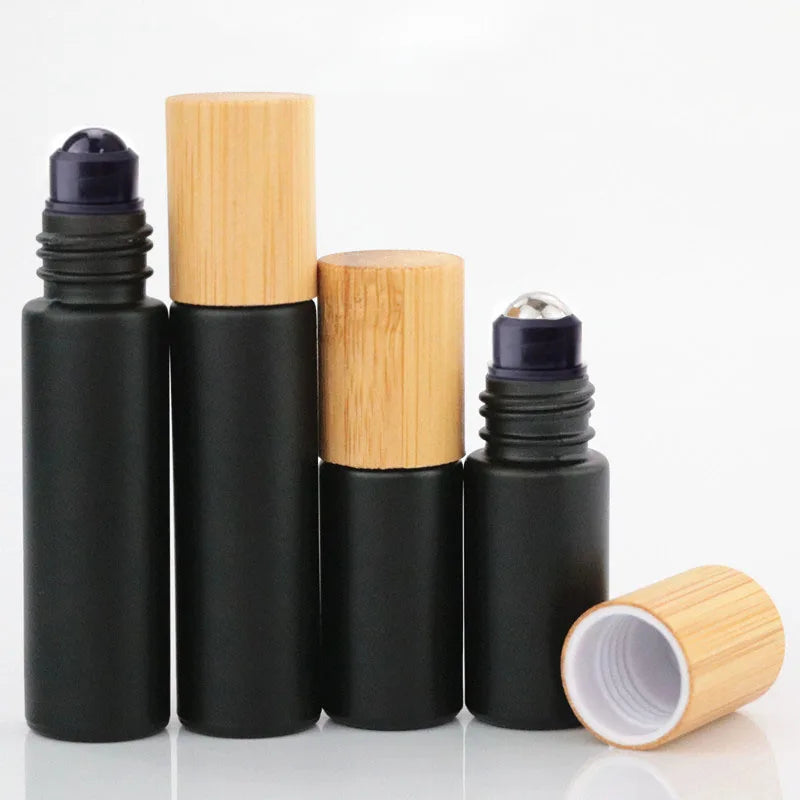 Refillable Black Glass Roll-On Bottles – 5ML / 10ML with Obsidian Roller & Bamboo Cap