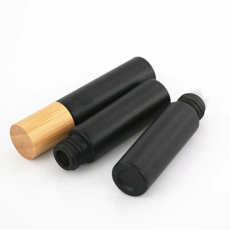 Refillable Black Glass Roll-On Bottles – 5ML / 10ML with Obsidian Roller & Bamboo Cap