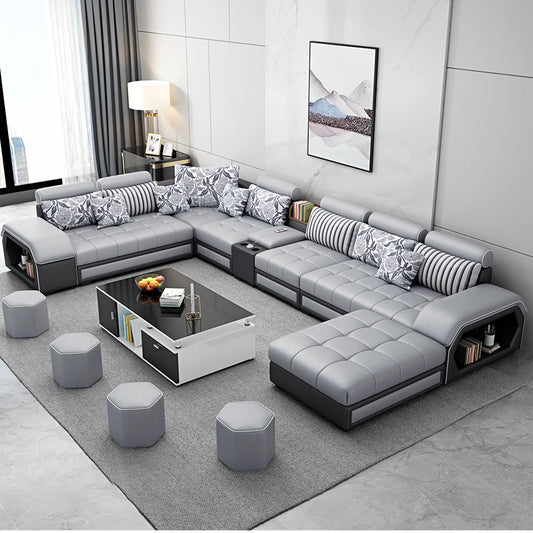 U-Shaped Fabric Sofa Set with USB & Stools – Modern Living Room Comfort