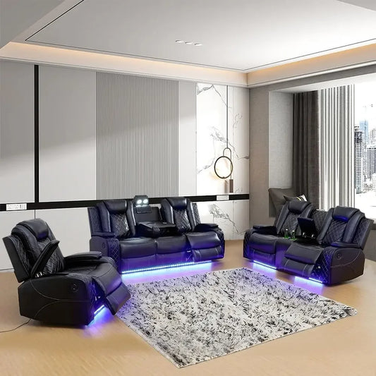Power Recliner Sofa Set with LED & Air Leather – Luxury Living Room Set