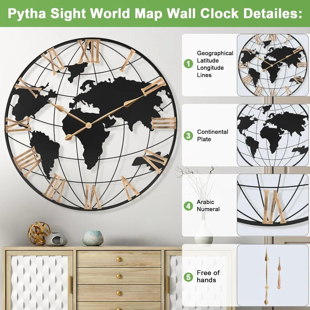 Large World Map Wall Clock – Silent Movement, Roman Numerals, Vintage Gold Design